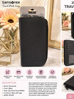 Samsonite BLACK ZIP-AROUND TRAVEL WALLET ORGANIZER